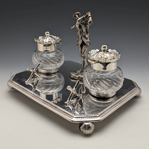 British Vintage Silver Plated Golf Design Pen Stand & Inkwell Pair